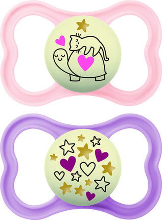 מאמ SUPREME NIGHT מוצצי סיליקון 6+ זוהרים בלילה ורוד-סגול 2 יחידות