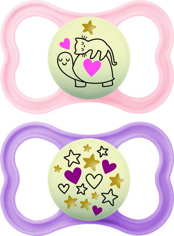 מאמ SUPREME NIGHT מוצצי סיליקון 6+ זוהרים בלילה ורוד-סגול 2 יחידות