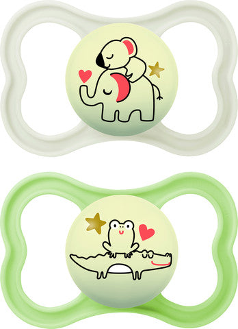 מאמ SUPREME NIGHT מוצצי סיליקון 6+ זוהרים בלילה ירוק-לבן 2 יחידות