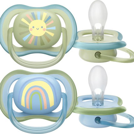 זוג מוצצי סיליקון 0-6 חודשים Avent Ultra Air - עיצוב שמש/קשת בענן