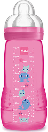 בקבוק הזנה 330 מ''ל 4+ חודשים פטמה שלב 3 זרימה מהירה MAM - צבע ורוד כהה