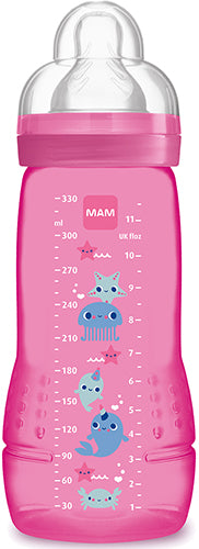 בקבוק הזנה 330 מ''ל 4+ חודשים פטמה שלב 3 זרימה מהירה MAM - צבע ורוד כהה