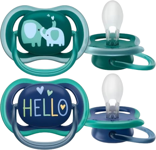זוג מוצצי סיליקון לבנים +18 חודשים Avent Ultra Air - עיצוב פילים/Hello