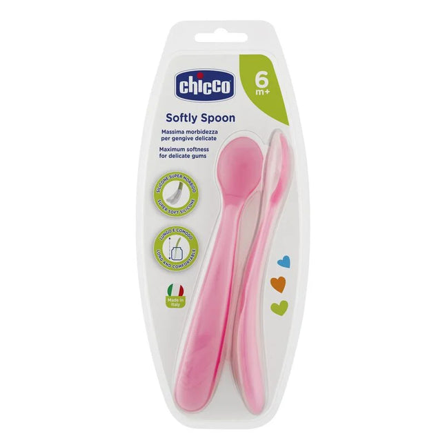 Chicco זוג כפיות סיליקון רכות - ורוד מ- 6 חודשים ומעלה